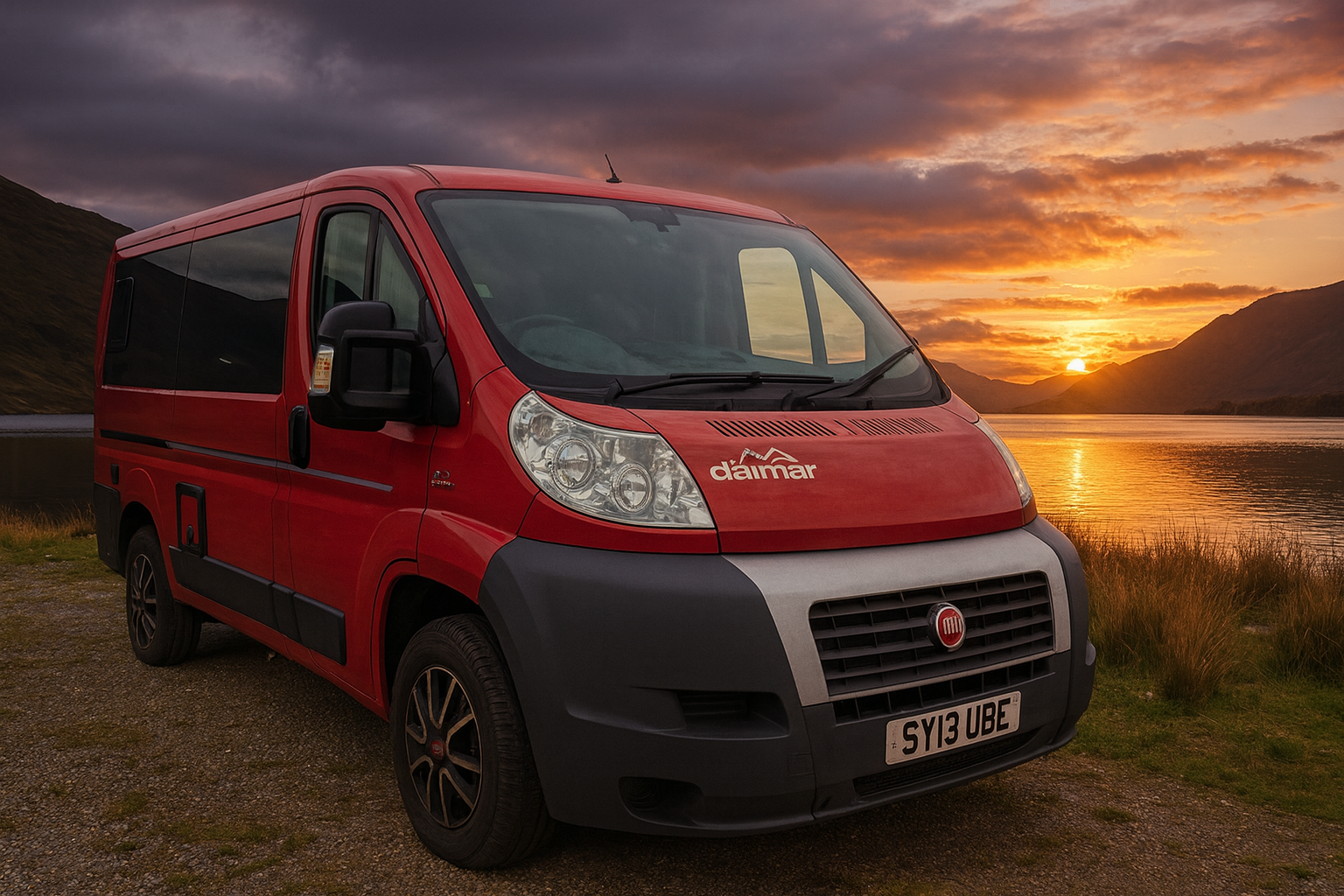 Motorhome by a loch at dusk